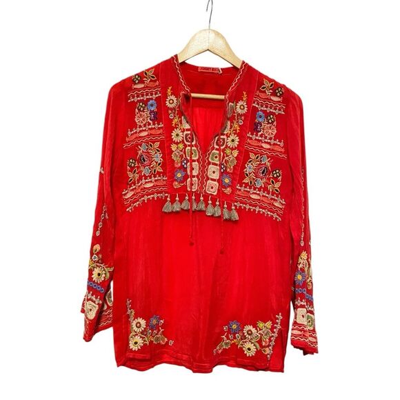 Johnny Was Red Coriander Tasseled Embroidered Blouse Boho Chic C17123 Size XXS - Picture 7 of 15
